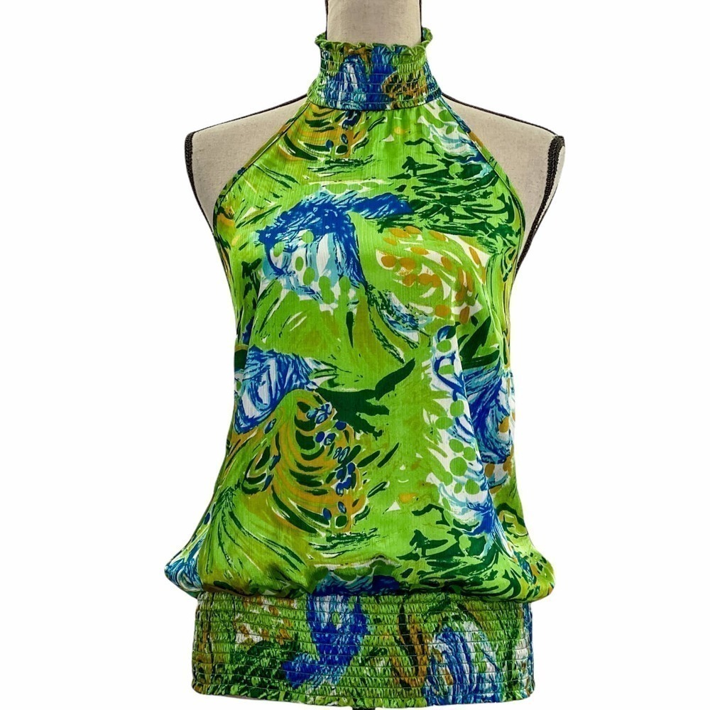 COTTON Express Green Blue Floral Print Open Back Halter Sleeveless Blouse - Picture 2 of 11